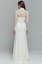 Elegantes Weißes Chiffon Standesamtkleid mit hohem Ausschnitt und langen Ärmeln